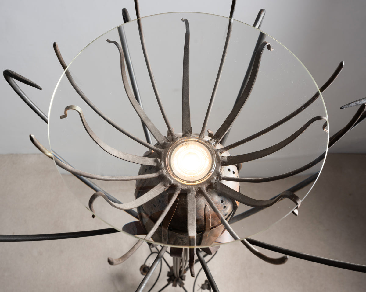 Vue de dessus de la coupe en verre du lampadaire « Pavot » de Dubreuil, avec l'ampoule et les tiges en fer forgé
