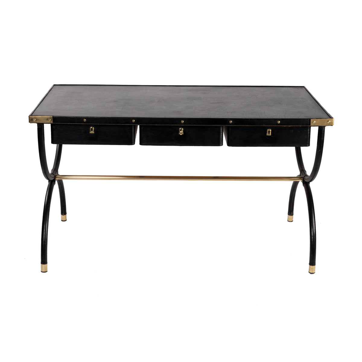 Jacques Adnet – Bureau à trois tiroirs en cuir noir – vue 2
