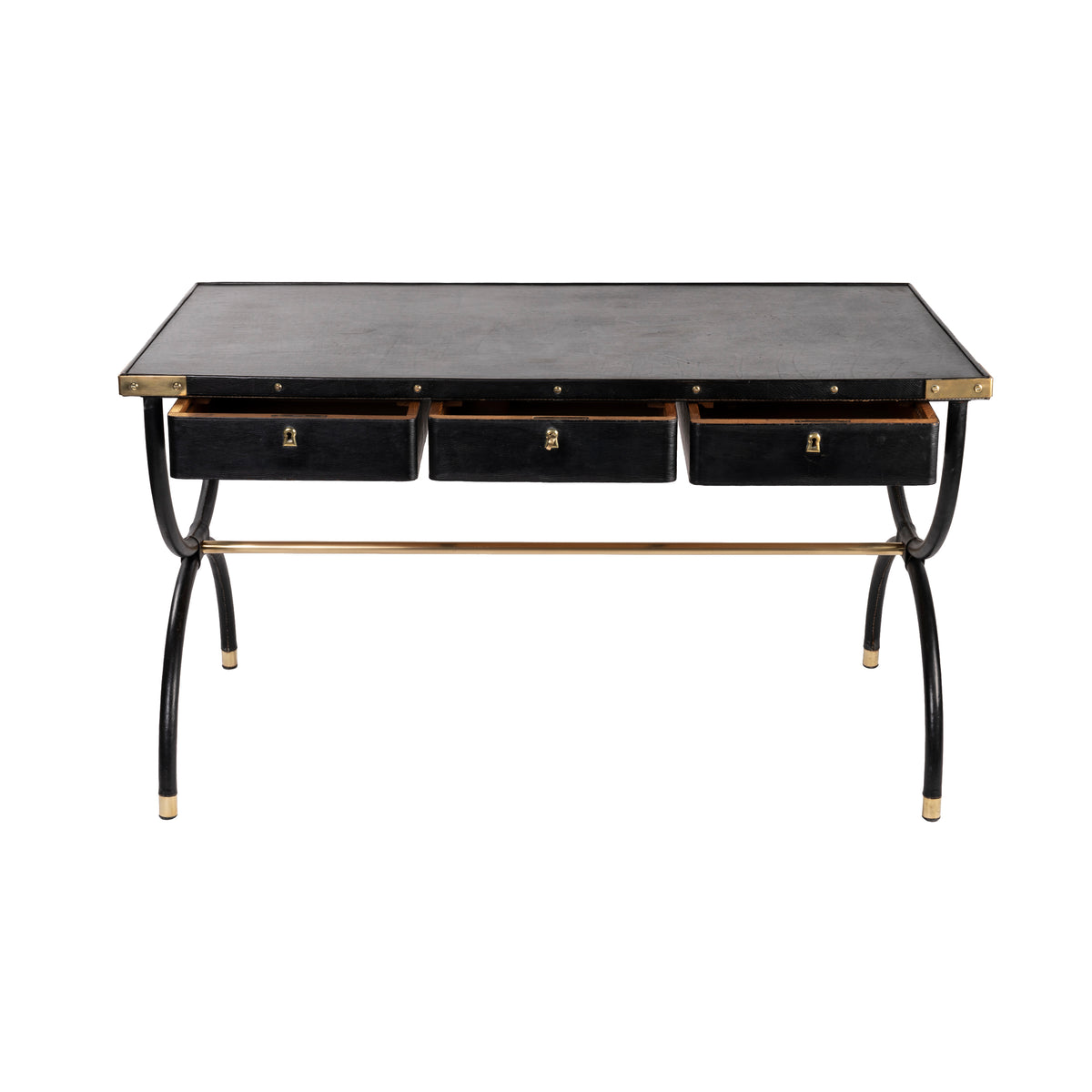 Jacques Adnet – Bureau à trois tiroirs en cuir noir – vue 4