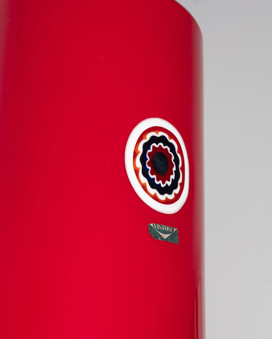 Détail de la murrine et de l'étiquette Vistosi, suspension Lattimo rouge de Pianon