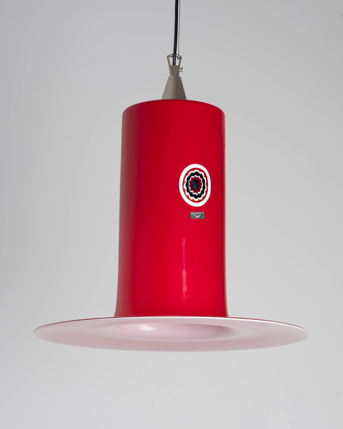 Red Lattimo pendant light by Vistosi, three-quarter view with murrina