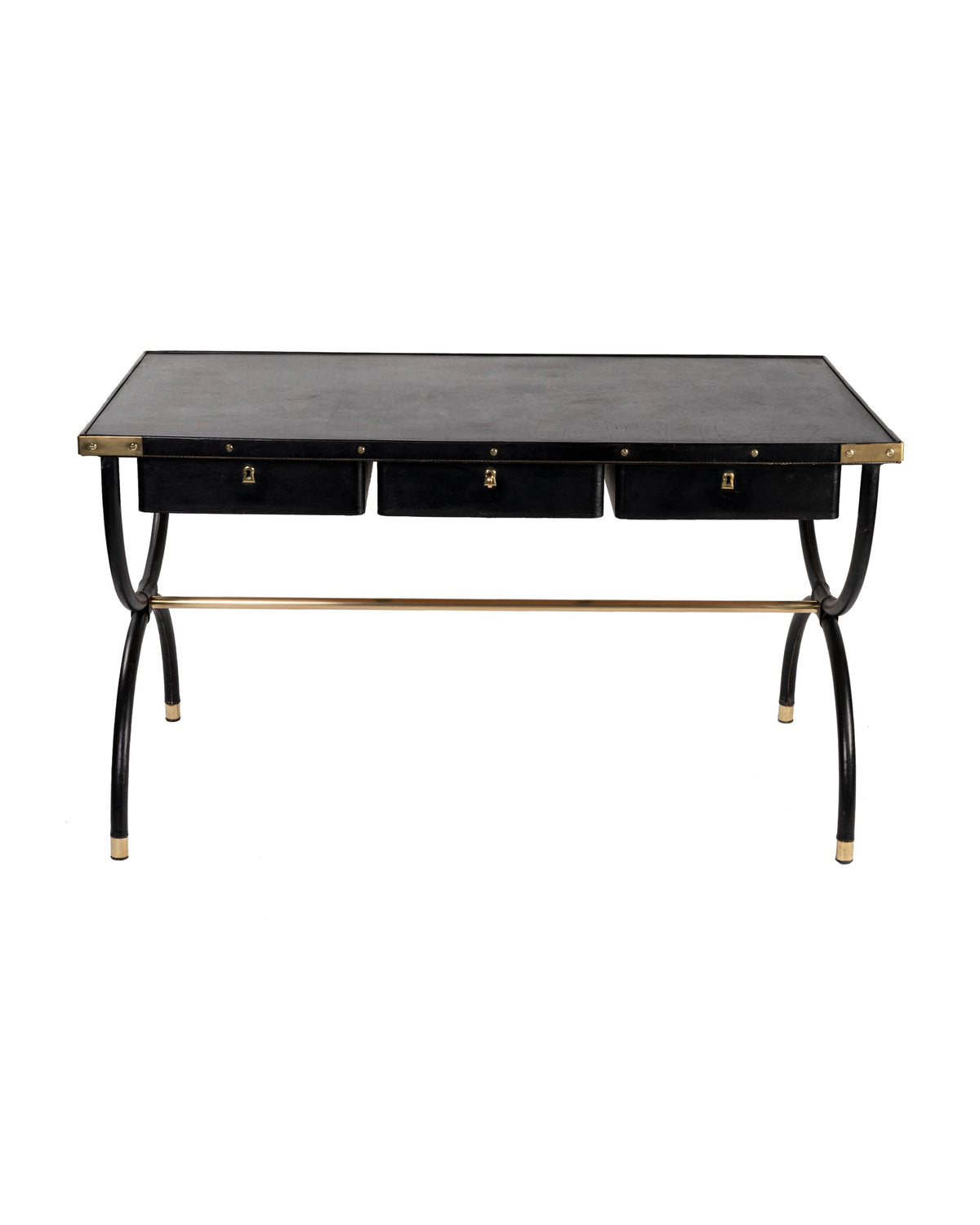 Jacques Adnet – Bureau à trois tiroirs en cuir noir – vue d'ensemble