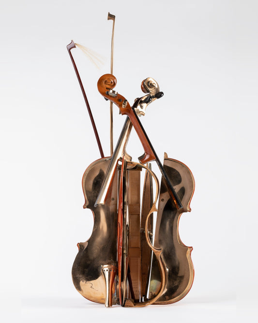 « Violon Grand Archet » d'Arman, bronze soudé à patine dorée sur base en pierre